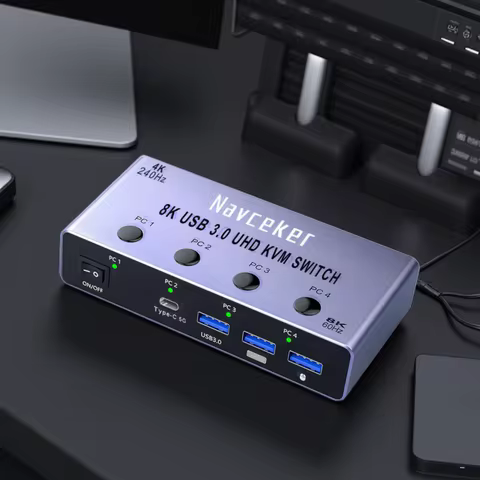 Navceker 4K 240Hz 4X1 HDMI KVM Switcher 4 Port 8K USB HDMI KVM 4 PC Switch 144Hz Docking Station Sha