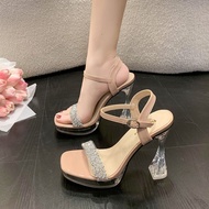 Elegant Rhinestone Sandals - 9cm Chunky Heel, Transparent Crystal Detail, Perfect for Fashion Shows 