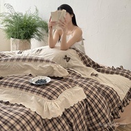 Lace Bed Sheet Cotton Angel Full Double Layer Miss Yarn Bow Retro Quilt Cover Four-Piece Pure Cotton