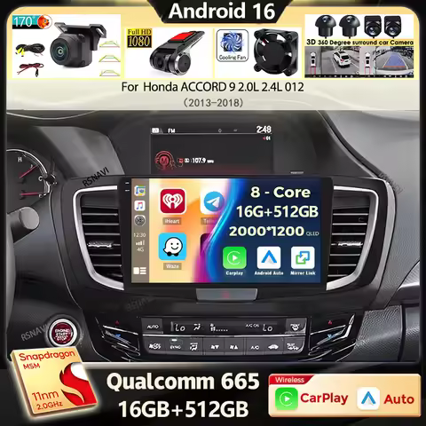Android 16 Carplay Car Radio For Honda ACCORD 9 2.0L 2.4L 012 2013-2015 2016-2018 2Din Multimedia Pl