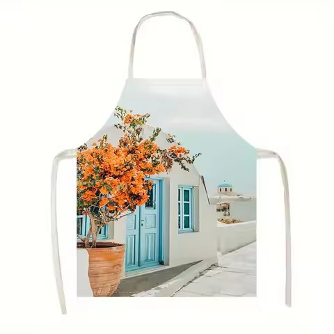 1pc Greek Santorini Apron Linen Blue Door Bougainvillea Kitchen Chef Gift Home Decor Painting Style 