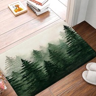 Misty Forest Bath Mat Green Watercolor Pine Trees Abstract Foggy Jungle Mountain Rustic Nature Scene