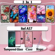 2 IN 1 Itel A57  A57 Pro Case with Tempered Glass Screen Protector Flowers