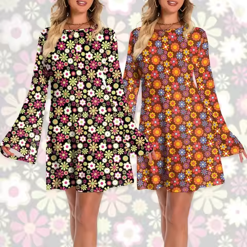 Hip Hop Style Dress for Women Fashion Printed Outfit Dress Holiday Clothes 70s Electronic Style Flar