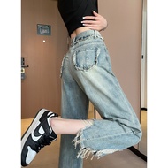 Wide-Leg Jeans Women's 9-Point Small Men Autumn Winter Eight-Point High Waist Loose Frayed Ripped Be