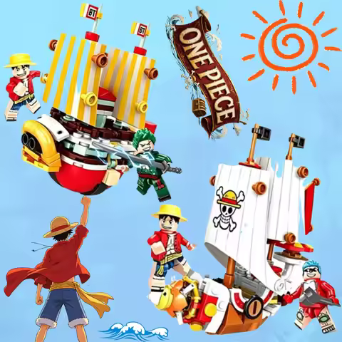 @@*One Piece Pirate Ship Micro Bricks, Thousand Sunny Going Merry 4in1 Model, Collectible Ornament T
