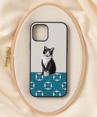 立體刺繡手機殼 iPhone 12/12pro PBAT PU合成皮革 貓咪x淺灰