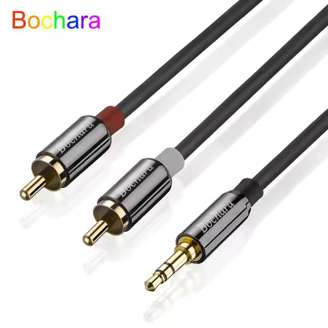 Bochara 1/8'' TRS 3.5mm Stereo Jack to 2RCA OFC Audio Cable Foil+Braided Shielded For Speakers Ampli