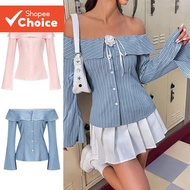 Women Casual Blouse Striped Pattern Button Ruffle Blouse L61AD024 (Multi-color)