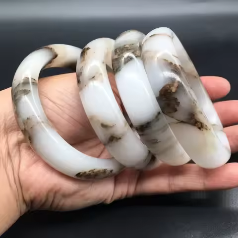 Natural Gobi Jade Hand Carved Ice Silk Wide Band Bracelet Fashion Boutique Jewelry Women's Cyan Blac