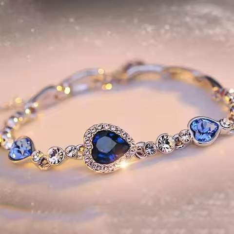 Hottest Womens Ladies Crystal Rhinestone Bangle Ocean Blue Bracelet Chain Heart Jewelry Party Gifts 