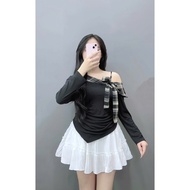 Women's Big Size Outfit Set Big Size Off Shoulder Blouse Long Sleeve Bow Collar with Elegant Flared 