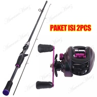 Satu set reel dan joran 1.65M~2.4M dan reel full metal Setelan warna ungu Joran Pancing 6-12LB 165-2