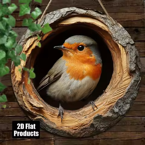 2D Flat, 1pc Robin Bird Printed Round Wooden Sign (8x8in/20x20cm) - Wall Hanging Decorative Plaque f