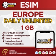 eSIM EUROPE Daily Unlimited 1GB Data 1-7 DAYS | eSIM Activated Instantly