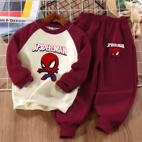 MARVEL Anime Spiderman Print Boys Spliced Sweatshirt 2-piece Sets Kids O Neck Hoodies and Long Pant 