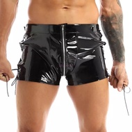[Love Her Wardrobe] Men's PVC Mirror Shiny Leather Boxer Shorts Sexy Zipper Open Leather Shorts Accurate Size