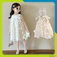DINOKING girls' frock Summer white loose princess dress Slingshotch neckline dress with elegant bow 