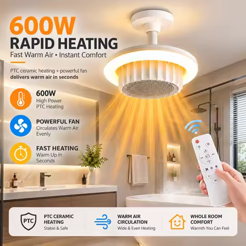 600W Smart 3-in-1 Bathroom Ceiling Light with PTC Heater, Warm Air Lamp Remote Control Dimming Elect