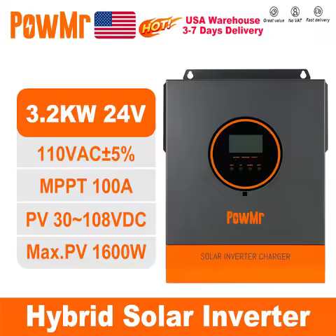 PowMr USA 3.2KW 24V 110Vac Hybrid Solar Inverters Pure Sine Wave 100A MPPT Controller for Lithium Ba
