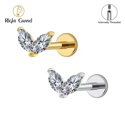 Right Grand ASTM F136 Titanium Tiny Double Marquise CZ Labret Stud Earring 16G Heart CZ Cartilage He