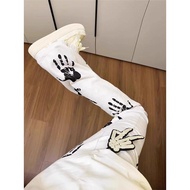 American High Street Street Wear Plankton Handsome Palm Print White Jeans Men Women hiphop Street We