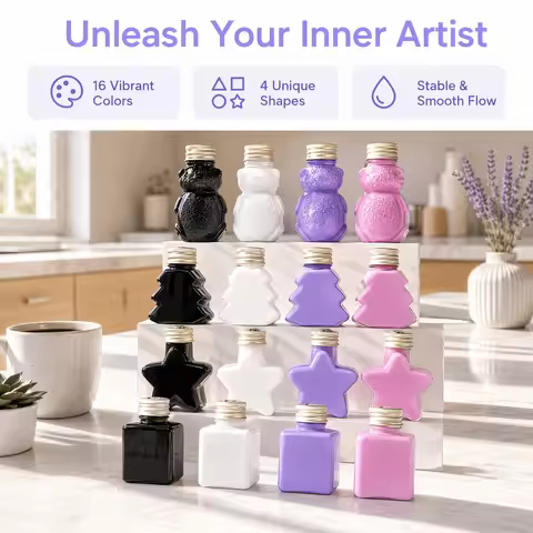 4‑Color 50ml/1.69oz Fluid Acrylic Paint Set, Total 270g，Black, White, Violet, Rose Red. 4 shaped bot