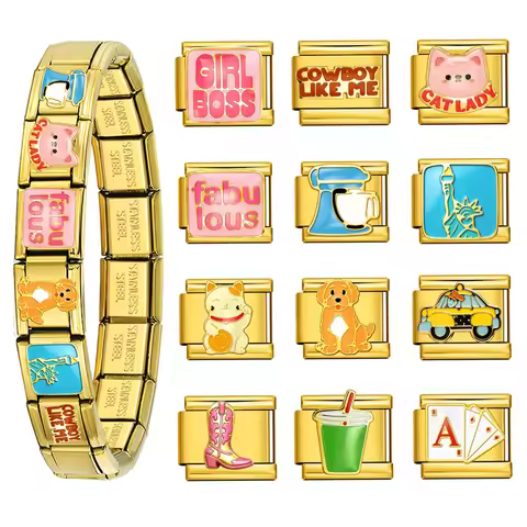 1PC New Fashion DIY Charm Italian Y2K Cowboy Dog Coffee Cup Gold Color Stainless Steel Making Bracel