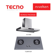 (HOOD + HOB) Tecno KA 9980 / KA9980 (90cm) High-suction Chimney Cooker Hood + Tecno T 2288TGSV / T2288TGSV (90cm) 2-Burner Glass Cooker Hob with Inferno Wok Burner Technology