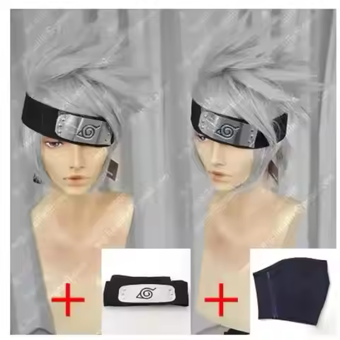 Anime Hatake Kakashi Short Layered Silver Grey Heat Resistant Hair Cosplay Costume Wig Headband Mask