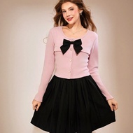 Teen Girls Pink & Black Bow Knit Cardigan + Pleated Skirt 2-Piece Set - 14Y Youth Size Sweet Preppy 