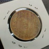 British North Borneo 5 Cents Coin 1941. Surface Dull, Clear details. State of North Borneo