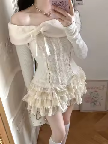 Two Piece Set for Women Long Sleeve Off Shoulder Coquette Knit Tops + Mini Skirt 2 Piece 2000s Y2K O