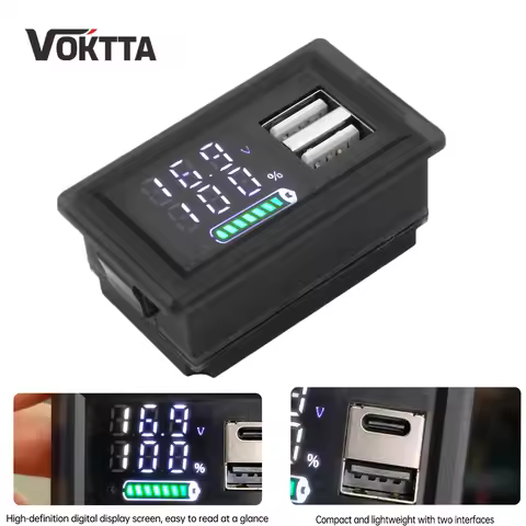 USB+Type-C/Dual USB 9V 12V 24V Battery Charge Level Indicator Lithium Battery Capacity Meter Tester