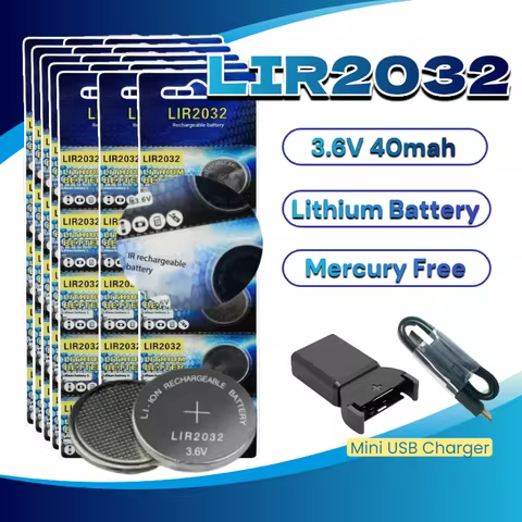 LIR2032 Rechargeable Battery 3.6V 40mAh, Replacement for CR2032 Lithium Coin Cell in Watches Keyboar
