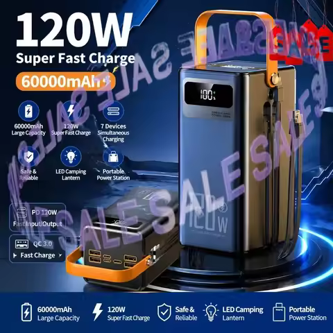 60000mAh Portable Power Bank LED Charger 120W Fast Charging Power Station Emergency Power Bank for H