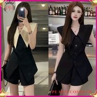 (PH) Set Đồ Bộ Áo Kiểu Sát Nách Cổ V Lá Cổ Lớn Phối hàng Nút Phối Quần Đùi  Nữ Tính  Dễ Thương  Đẹp 