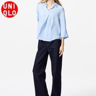 Kemeja Blouse Blus Rayon Kerah Skipper Putih Hitam Polos Motif Lengan Panjang 3/4 Wanita UNIQLO ORIG