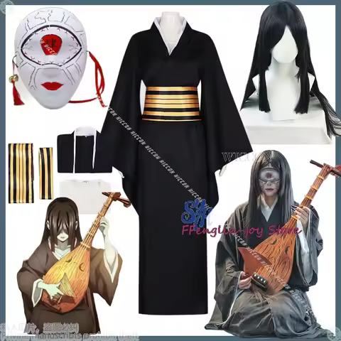 Nakime Cosplay Demon Anime Costume Horror Movie Black Long Dress Uniform Japanese Kimono Wigs Hallow