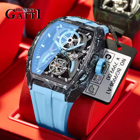 BONEST GATTI Men Automatic Mechanical Watch Skeleton Dial Sapphire Crystal Fluororubber Strap Waterp
