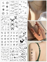 (每套12張) 創意黑色小設計暫時性刺青貼紙,逼真的樹枝、星空、蝴蝶花紋,適合男女使用,防水,適用於手臂、臉部、手指和頸部