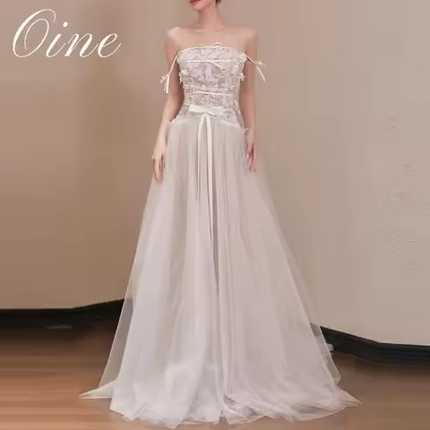 Oine Ivory Bow Belt Lace Wedding Dresses Korea Photoshoot A-line Bridal Gowns Korea Modern Reception