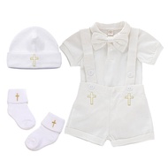 Christening Outfit for Baby Boy 0 6 Months Off White Romper Shirt Shorts Hat Socks Set Terno Baptism