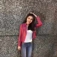 全真皮桃紅色皮衣