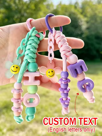 [Custom] Personalized Acrylic Bead Keychain – Colorful Letters, Flowers & Smiley Faces – Birthday Gi