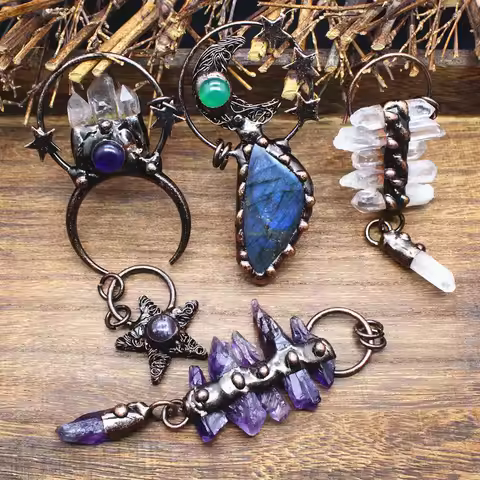 Large Natural Amethysts Purple Crystal Quartz Labradorite Vintage Necklace Pendant Witch Bohemia Jew