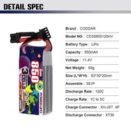 Coddar 3S 850mah 120C HV 11.4V Drone Lipo Battery