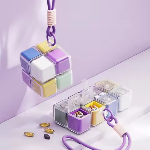 Cube Pill Box with Magnetic Locking Buckle 8 Grid Folding Design Portable Medicine Storage Organizer