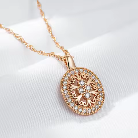 Wbmqda Ethnic Pattern Hollow Pendant And Necklace For Women 585 Rose Gold Color With White Natural Z