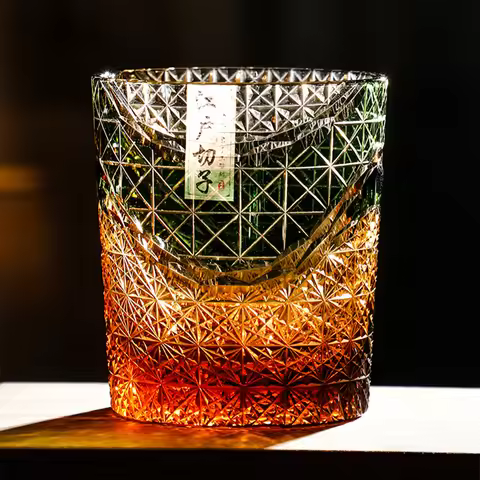 Edo Kiriko-Multi-Color Drinking Glass, 9 Ounces, Amber Red Crystal, Whisky Glass, Scotch Glasses wit